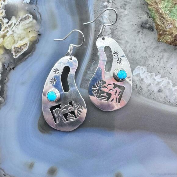 Native American Sterling Silver Cutout SW Motifs w/Turquoise Dangle Earrings - Picture 1 of 10